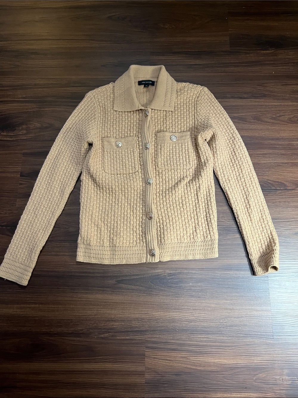 Ann Taylor Camel Knit Button-Up Cardigan
